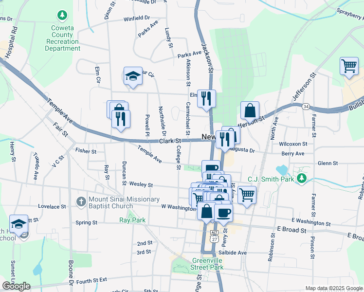 map of restaurants, bars, coffee shops, grocery stores, and more near 77 College Street in Newnan