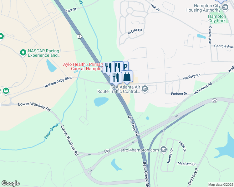 map of restaurants, bars, coffee shops, grocery stores, and more near Bear Creek Boulevard in Hampton