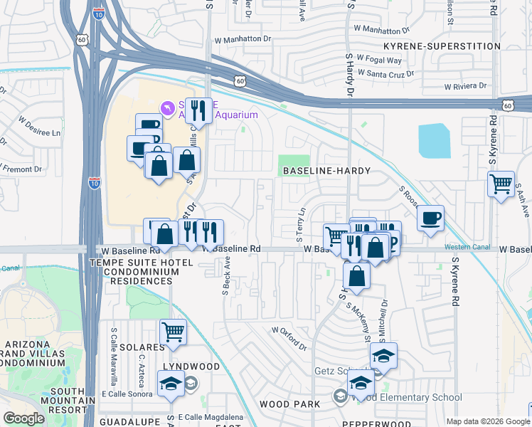 map of restaurants, bars, coffee shops, grocery stores, and more near 5030 South Beck Avenue in Tempe