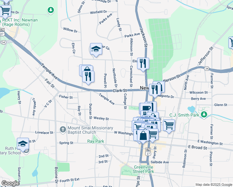 map of restaurants, bars, coffee shops, grocery stores, and more near 43 Temple Avenue in Newnan