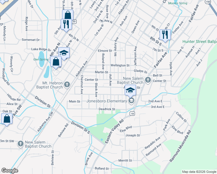 map of restaurants, bars, coffee shops, grocery stores, and more near 198 Alabama Street in Bessemer