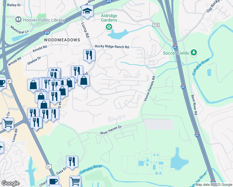 map of restaurants, bars, coffee shops, grocery stores, and more near 5750 Rime Village in Hoover