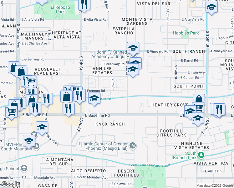 map of restaurants, bars, coffee shops, grocery stores, and more near 7321 South 9th Street in Phoenix