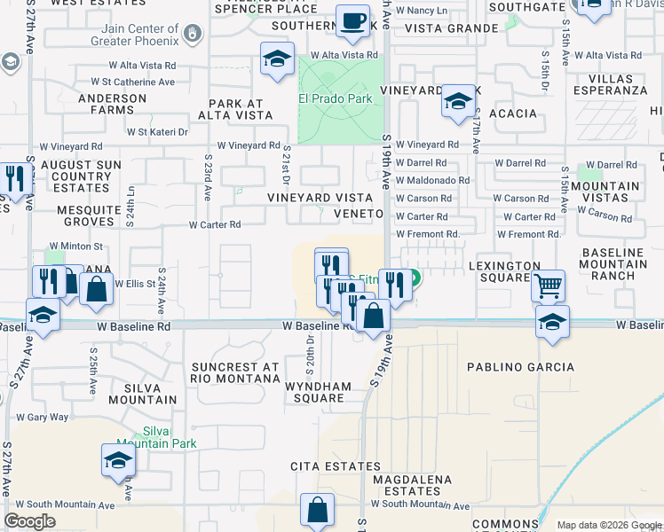 map of restaurants, bars, coffee shops, grocery stores, and more near 1980 West Baseline Road in Phoenix