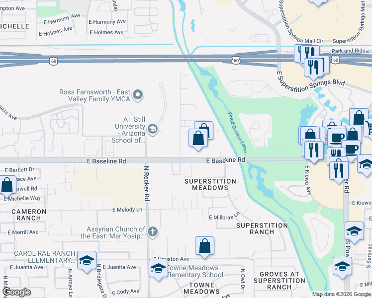 map of restaurants, bars, coffee shops, grocery stores, and more near in Mesa