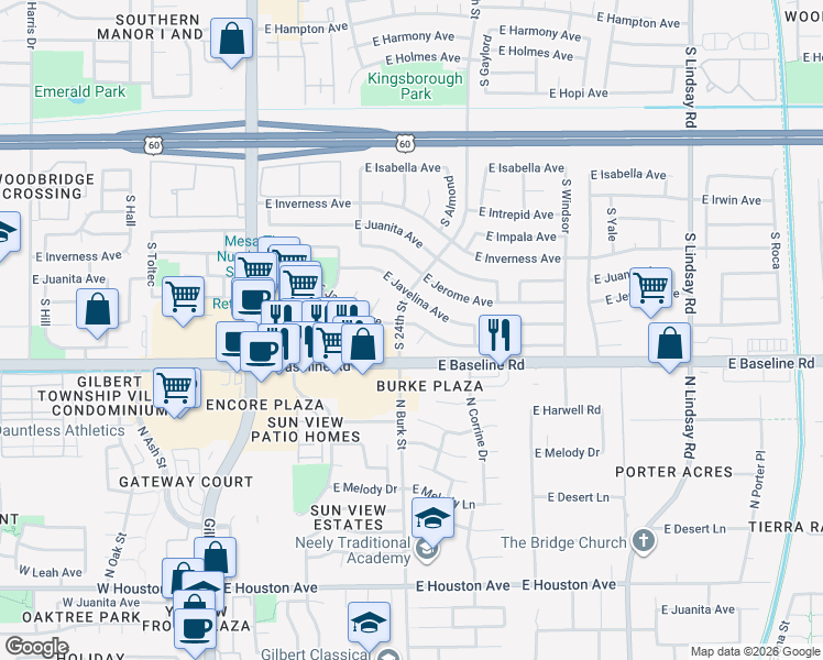 map of restaurants, bars, coffee shops, grocery stores, and more near 1939 S Gaylord Cir in Mesa