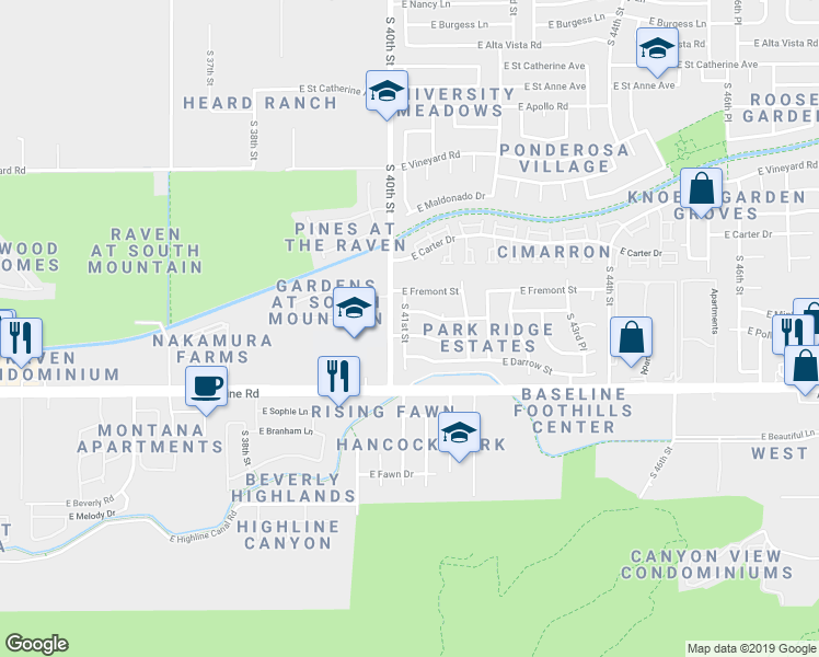 map of restaurants, bars, coffee shops, grocery stores, and more near 4108 East Darrow Street in Phoenix