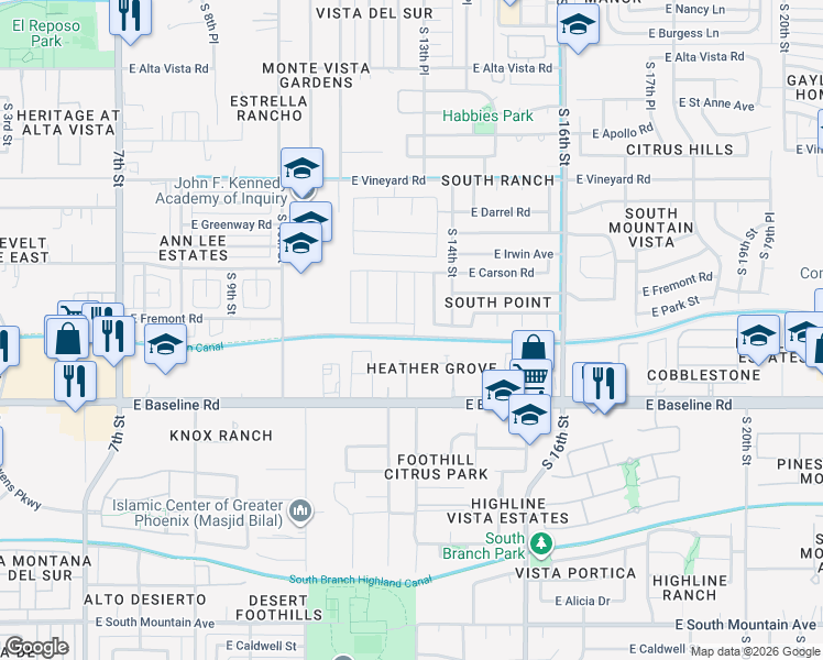 map of restaurants, bars, coffee shops, grocery stores, and more near 1328 East Dunbar Drive in Phoenix