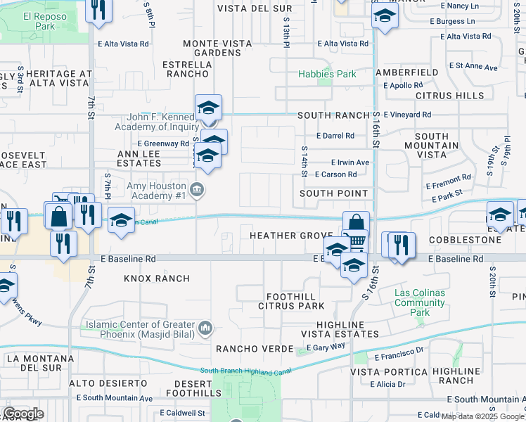 map of restaurants, bars, coffee shops, grocery stores, and more near 1308 East Dunbar Drive in Phoenix