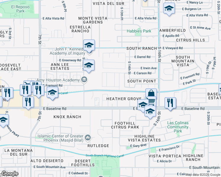 map of restaurants, bars, coffee shops, grocery stores, and more near 1308 East Dunbar Drive in Phoenix