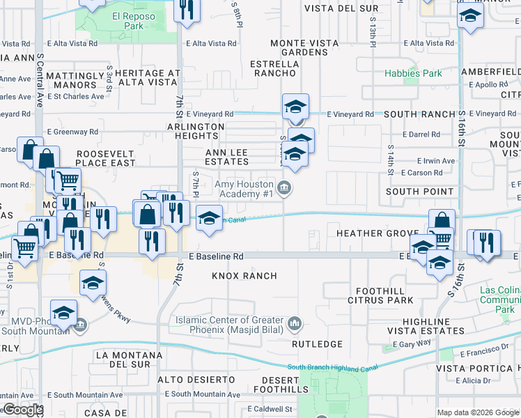 map of restaurants, bars, coffee shops, grocery stores, and more near 7321 South 9th Street in Phoenix
