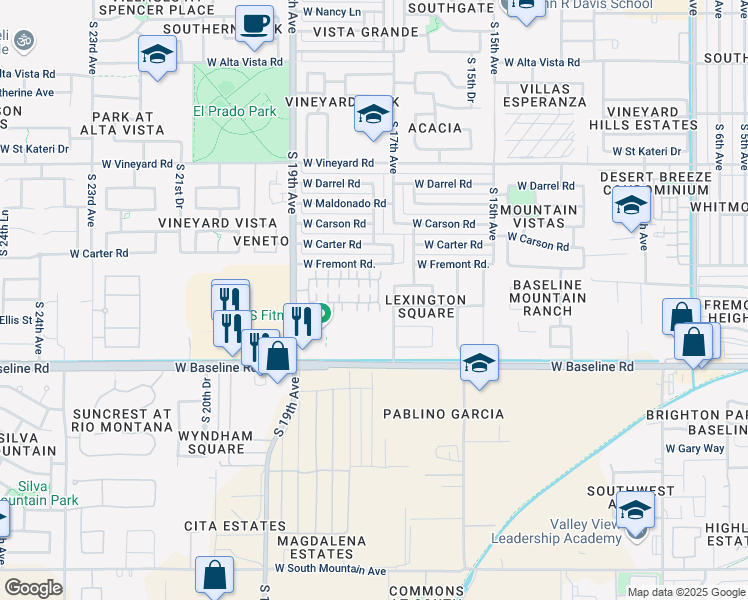 map of restaurants, bars, coffee shops, grocery stores, and more near 1636 West Dunbar Drive in Phoenix