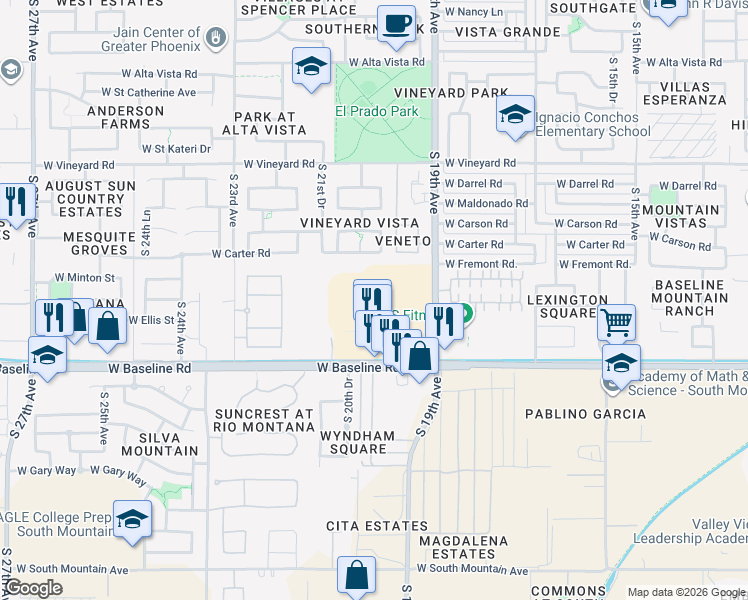 map of restaurants, bars, coffee shops, grocery stores, and more near Unnamed Road in Phoenix