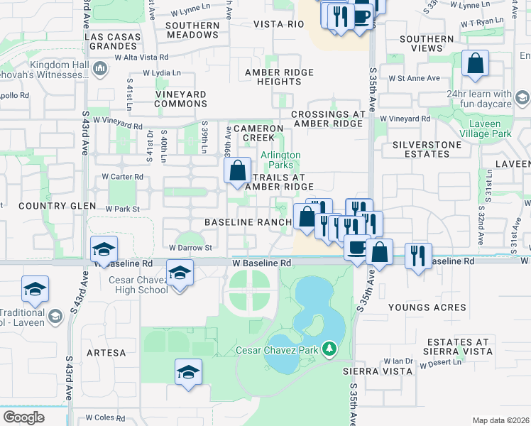 map of restaurants, bars, coffee shops, grocery stores, and more near 7408 South 37th Glen in Phoenix