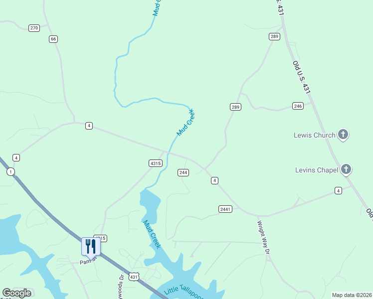 map of restaurants, bars, coffee shops, grocery stores, and more near 1005 County Road 4 in Wedowee