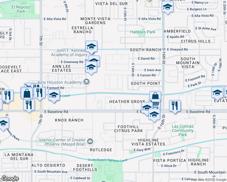 map of restaurants, bars, coffee shops, grocery stores, and more near 1239 East Fremont Road in Phoenix