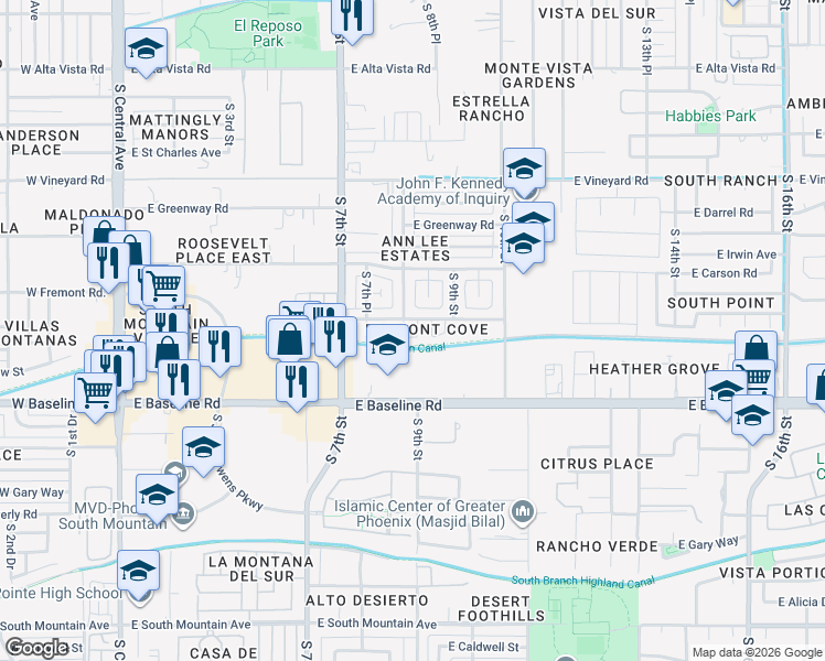 map of restaurants, bars, coffee shops, grocery stores, and more near 7206 South 8th Place in Phoenix