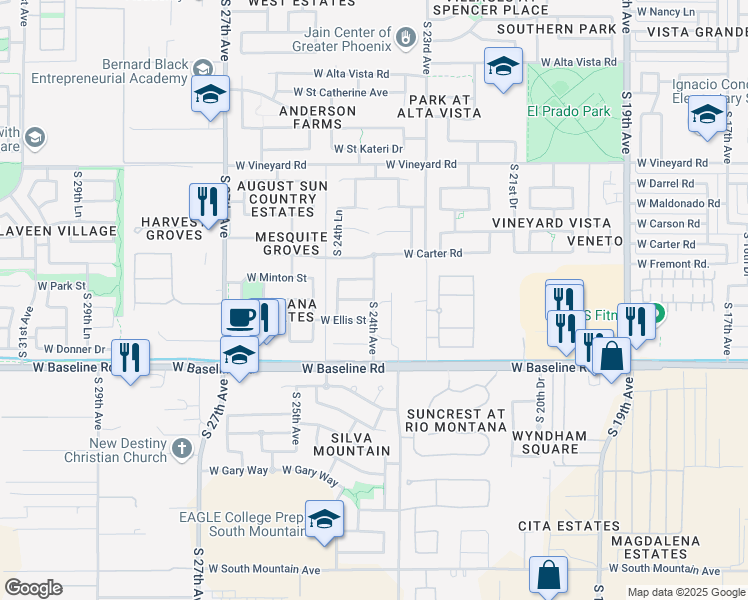 map of restaurants, bars, coffee shops, grocery stores, and more near 2207 West Park Street in Phoenix