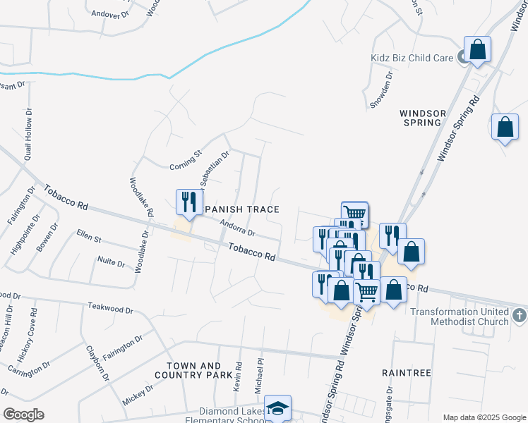 map of restaurants, bars, coffee shops, grocery stores, and more near 3617 Gibralter Drive in Hephzibah