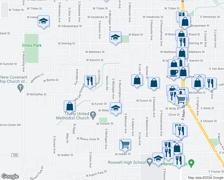map of restaurants, bars, coffee shops, grocery stores, and more near 1114 South Michigan Avenue in Roswell