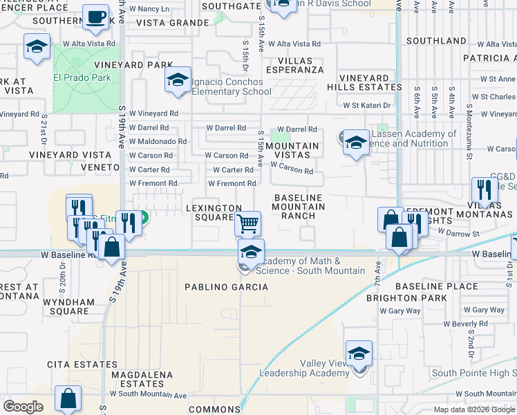 map of restaurants, bars, coffee shops, grocery stores, and more near 7317 South 15th Drive in Phoenix