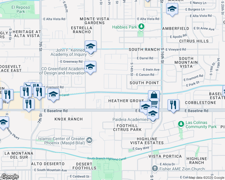 map of restaurants, bars, coffee shops, grocery stores, and more near 1239 East Fremont Road in Phoenix