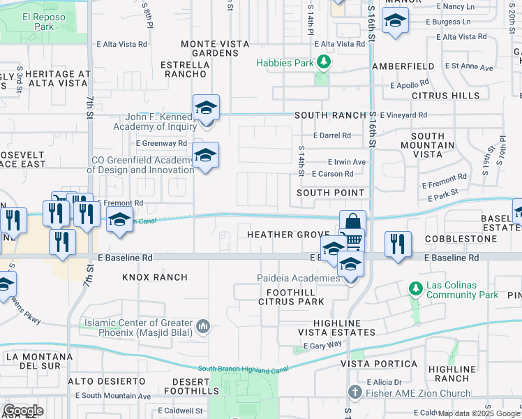 map of restaurants, bars, coffee shops, grocery stores, and more near 1247 East Fremont Road in Phoenix