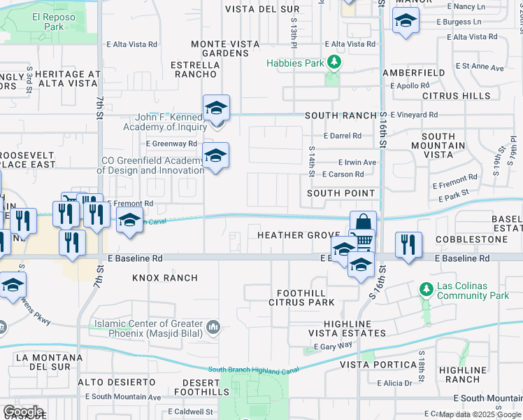 map of restaurants, bars, coffee shops, grocery stores, and more near 1231 East Fremont Road in Phoenix
