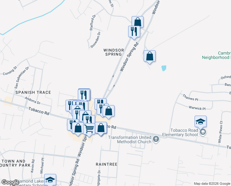 map of restaurants, bars, coffee shops, grocery stores, and more near 3630 Windsor Spring Road in Hephzibah