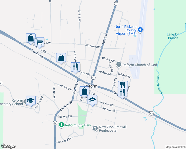 map of restaurants, bars, coffee shops, grocery stores, and more near 100-198 2nd Street Northwest in Reform