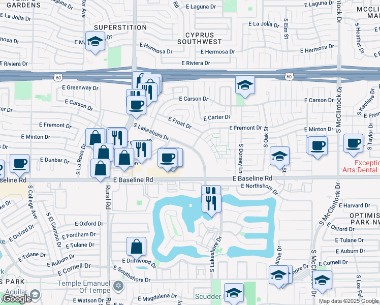 map of restaurants, bars, coffee shops, grocery stores, and more near 4690 South Lakeshore Drive in Tempe