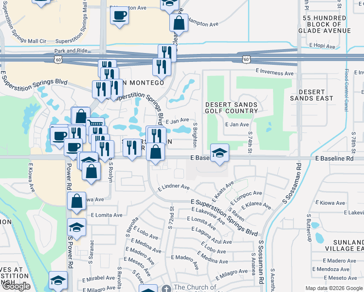 map of restaurants, bars, coffee shops, grocery stores, and more near 7196 East Baseline Road in Mesa