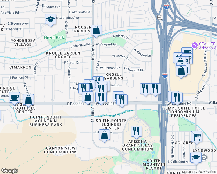 map of restaurants, bars, coffee shops, grocery stores, and more near 2700 West Baseline Road in Tempe