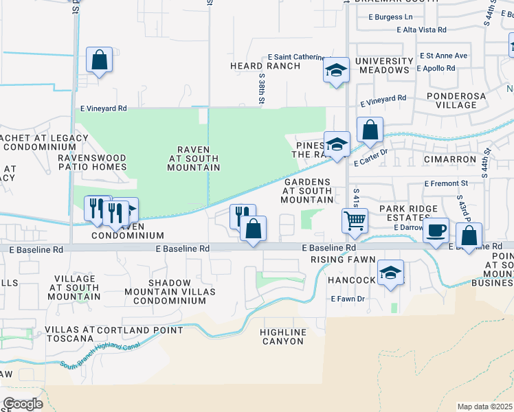 map of restaurants, bars, coffee shops, grocery stores, and more near 3802 East Baseline Road in Phoenix