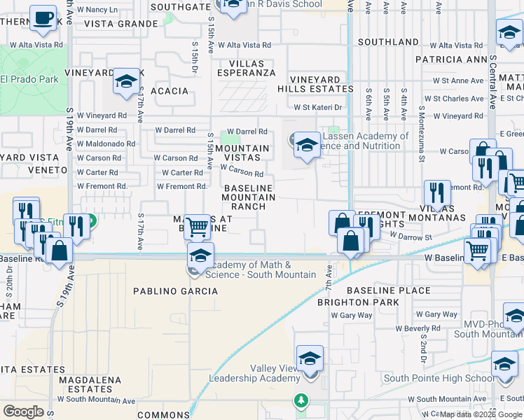 map of restaurants, bars, coffee shops, grocery stores, and more near 7403 South 12th Drive in Phoenix