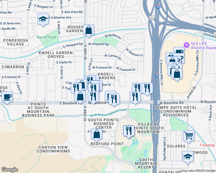 map of restaurants, bars, coffee shops, grocery stores, and more near 2419 West Dunbar Drive in Tempe