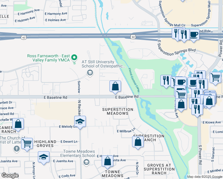 map of restaurants, bars, coffee shops, grocery stores, and more near 6056 East Baseline Road in Mesa