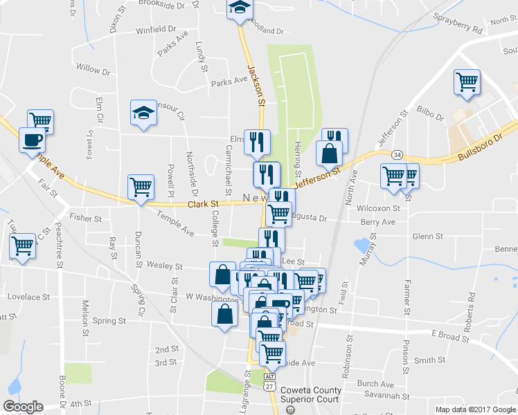 map of restaurants, bars, coffee shops, grocery stores, and more near 59 Jackson Street in Newnan