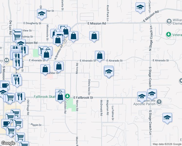 map of restaurants, bars, coffee shops, grocery stores, and more near 426 Debra Ann Drive in Fallbrook