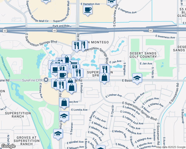 map of restaurants, bars, coffee shops, grocery stores, and more near 7205 East Superstition Springs Boulevard in Mesa