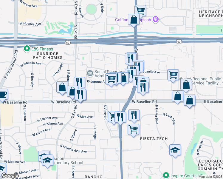 map of restaurants, bars, coffee shops, grocery stores, and more near 554 West Baseline Road in Mesa