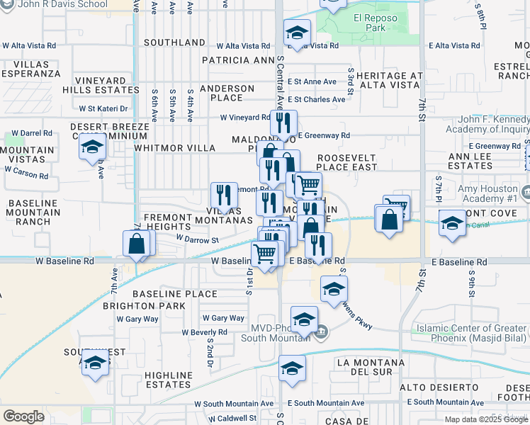 map of restaurants, bars, coffee shops, grocery stores, and more near 7236 South Central Avenue in Phoenix