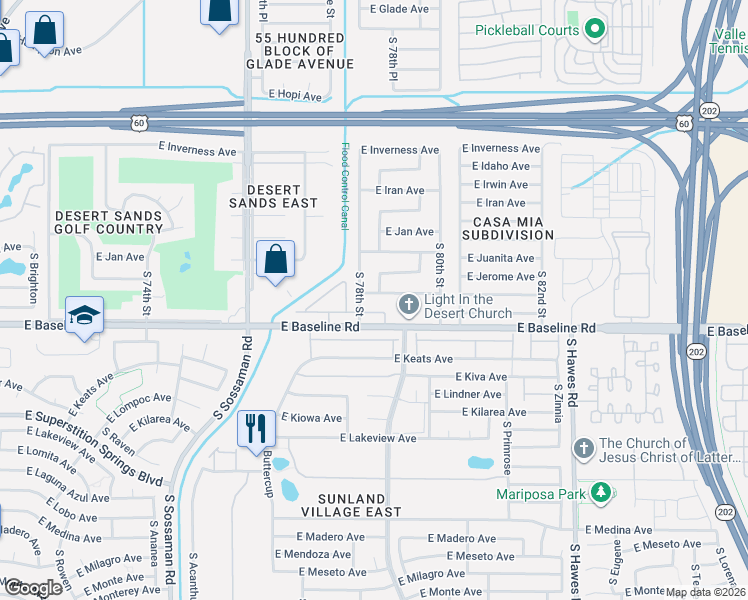 map of restaurants, bars, coffee shops, grocery stores, and more near 7820 East Baseline Road in Mesa
