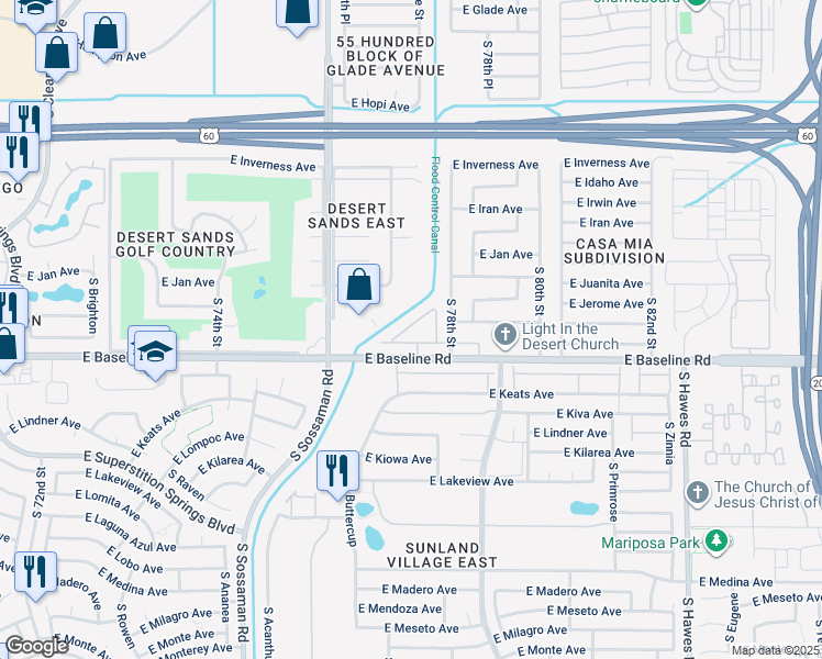 map of restaurants, bars, coffee shops, grocery stores, and more near 7726 East Baseline Road in Mesa