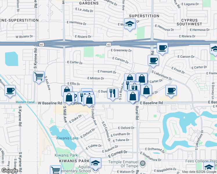 map of restaurants, bars, coffee shops, grocery stores, and more near 421 East Dunbar Drive in Tempe