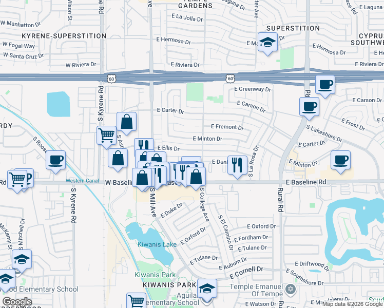 map of restaurants, bars, coffee shops, grocery stores, and more near 221 East Ellis Drive in Tempe