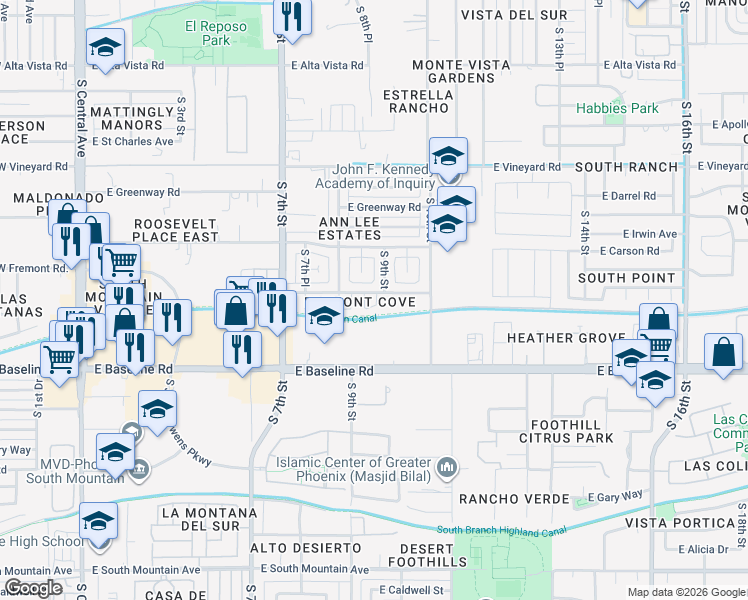 map of restaurants, bars, coffee shops, grocery stores, and more near 837 East Minton Street in Phoenix