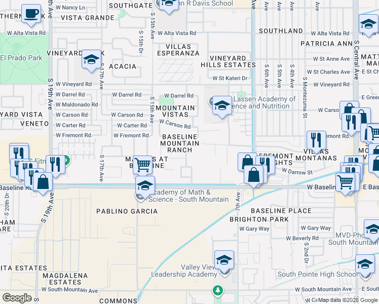 map of restaurants, bars, coffee shops, grocery stores, and more near 7403 South 12th Drive in Phoenix