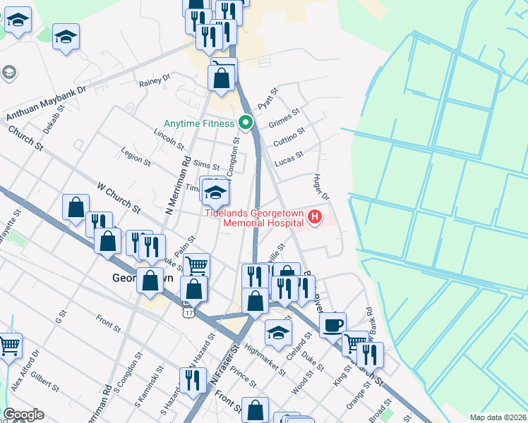 map of restaurants, bars, coffee shops, grocery stores, and more near 1304 Richmond Drive in Georgetown