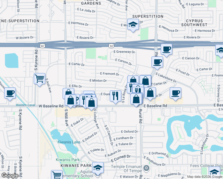 map of restaurants, bars, coffee shops, grocery stores, and more near 421 East Dunbar Drive in Tempe